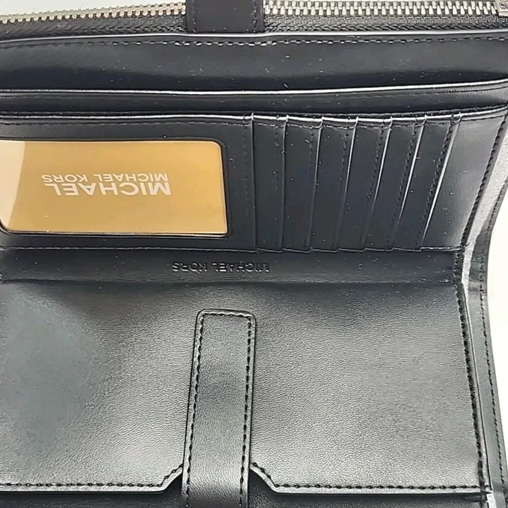 Michael Kors Wristlet Wallet Phone Black Silver Jet Set Double Zip 7.25x4.5